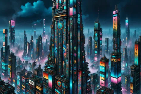 futuristic city at night with clock tower and neon lights