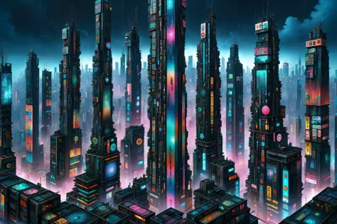 mad_colorful_mosaic tall highrise in the center of wide cyberpunk sprawling cityscape, smoke, night, rain, hologram <lora:EnvyKyotopunkXL01:0.8> kyotopunk,   <lora:Colorful_Mosaic_SDXL:1>, (masterpiece:1.2), best quality, (hyperdetailed, highest detailed:1.2), high resolution textures, <lora:EnvyBetterHiresFixXL01:1>