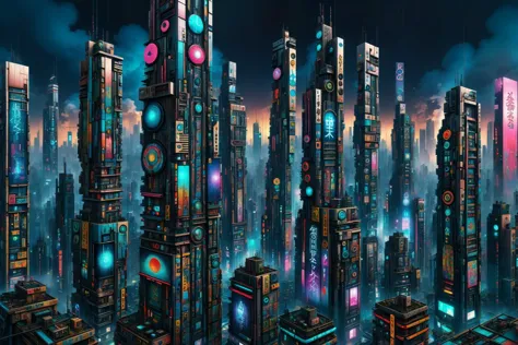 mad_colorful_mosaic tall highrise in the center of wide cyberpunk sprawling cityscape, smoke, night, rain, hologram <lora:EnvyKyotopunkXL01:0.8> kyotopunk,   <lora:Colorful_Mosaic_SDXL:1>, (masterpiece:1.2), best quality, (hyperdetailed, highest detailed:1.2), high resolution textures, <lora:EnvyBetterHiresFixXL01:1>