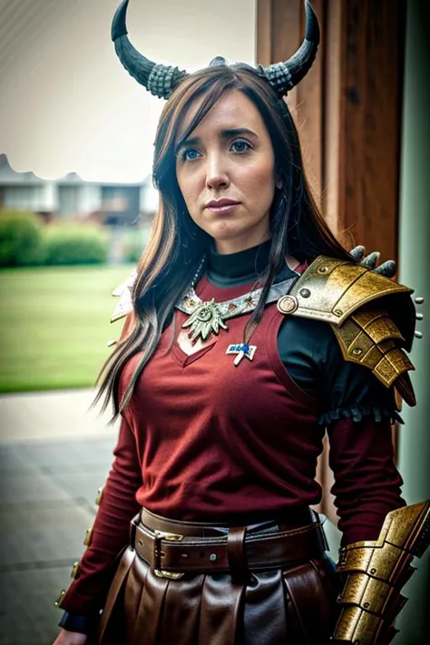 a close up of a woman wearing a costume with horns on her head