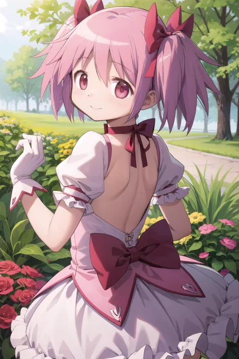 anime girl in a pink dress sitting in a garden