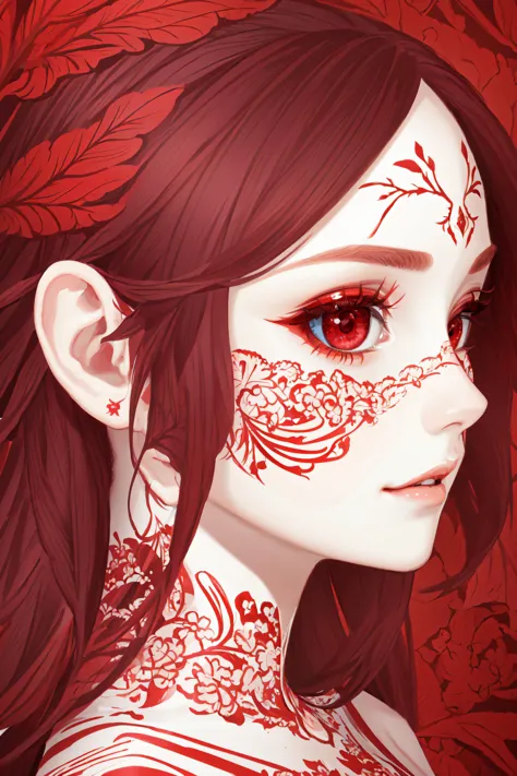 a close up of a woman with red eyes and a red flower on her face