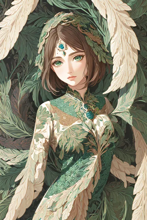 a close up of a woman in a green dress surrounded by leaves