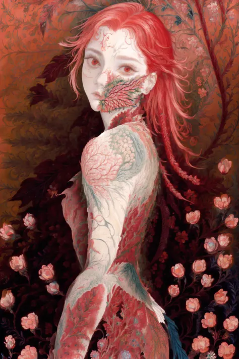 a painting of a woman with a body covered in tattoos