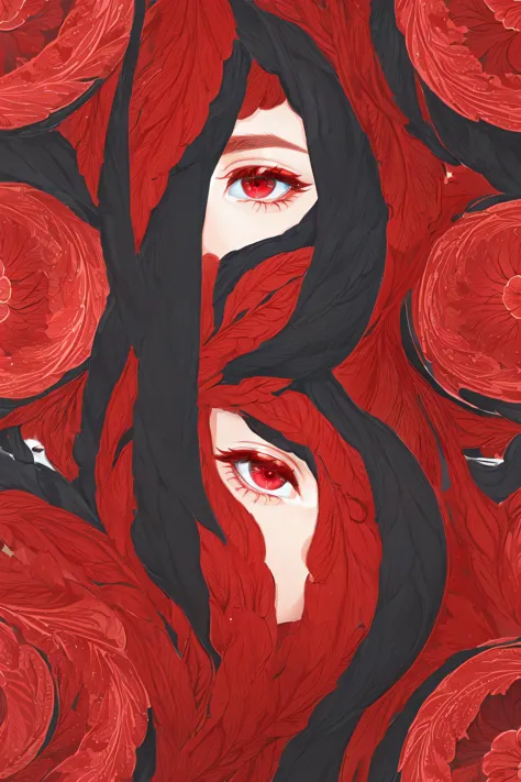 a close up of a woman's face with red eyes surrounded by red roses