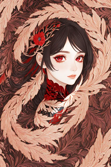 a woman with red eyes and a red flower in her hair