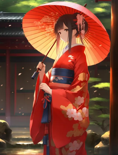 Meisterwerk, beste Qualität, waifu, Anime-Serie, 2d, 1 Mädchen, Kimono tragen, Hand hält Regenschirm, 