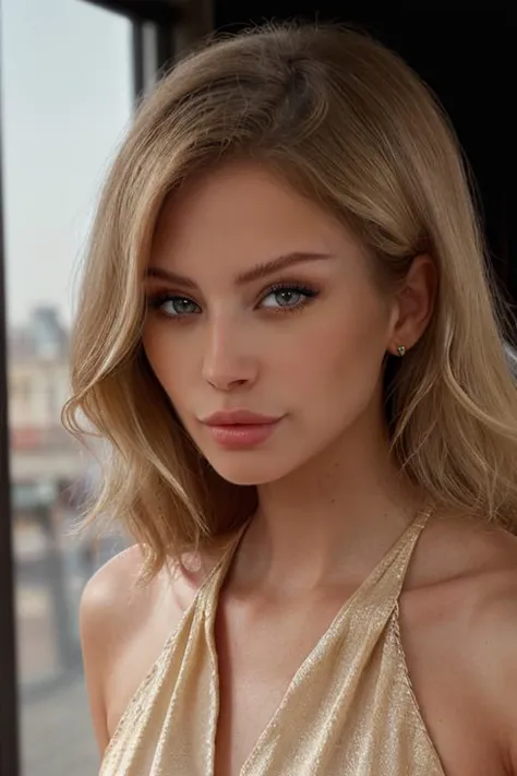 a close up of a woman in a gold dress looking at the camera