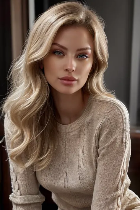 a woman with long blonde hair and a sweater posing for a picture