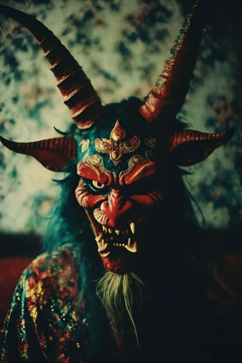 a close up of a demon mask with a long horn