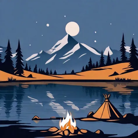 Simple, simple ink painting, logo style, a breathtaking landscape with a campfire in the lake is intended to give the impression that you are in the middle of the wilderness of the Andes