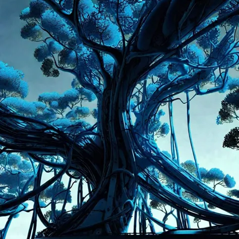 a close up of a tree with blue leaves and branches