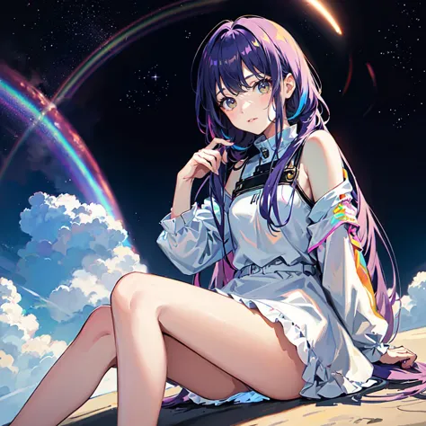 anime girl sitting on a rock with a rainbow in the background