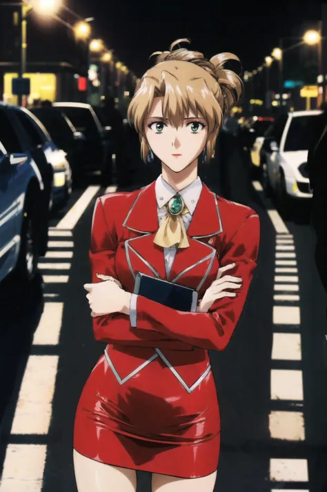 anime girl in red dress standing on street with arms crossed