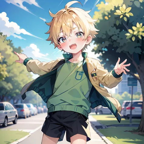 Masterpiece, ultra detailed, 1boy, child, cinematic, Taishi, Jacket, Green Shirt, Blush, Fang, shorts,  <lora:Taishi Attempt 3:0...