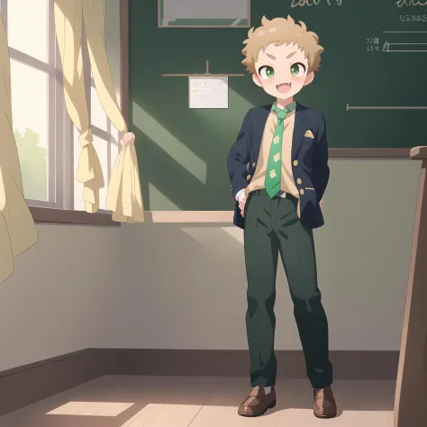 ((picture perfect)), masterpiece, (1boy), solo, ginger, freckles, green eyes, smile, fang, blazer, tie, pants, loafers, full body, inside, elementary school, (Taishi:1.2), <lora:Taishi Attempt 3:1>