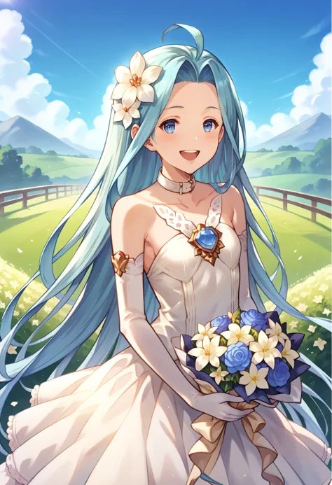 score_9, score_8_up, score_7_up, hd, (ultra hd quality details), outdoors, flower field,
(masterpiece, best quality), fcDetailPortrait, solo, 1girl, luriabase, blue hair, very long hair, ahoge,
wedding dress, hair flower, bare shoulders, white elbow gloves, collarbone, collar, holding bouquet, 
looking at viewer, blush, smile, half-closed eyes, open mouth,
standing, 
<lora:_lyria-elesicov1:1>