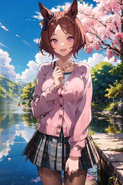 anime girl in pink shirt and plaid skirt standing by water