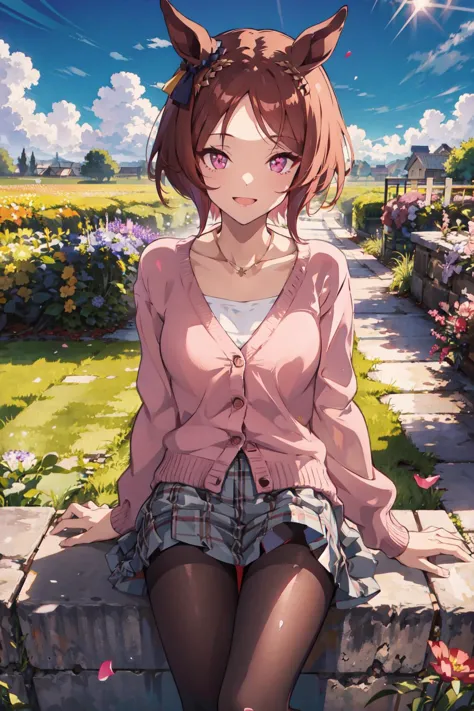 <lora:sakura_laurel_loha:0.8> sakura laurel \(umamusume\), masterpiece, best quality, casual, ear bow, symbol in eye, symbol-shaped pupils, collarbone, pink cardigan, necklace, jewelry, white shirt, long sleeves, grey skirt, plaid skirt, black pantyhose, pink footwear, sneakers, shoes, looking at viewer, day, sky, flower field, petals, windy, cowboy shot, cheerful, smile,