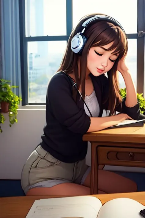 1girl, book, brown hair, closed eyes, day, desk, head rest, headphones, indoors, lips, long hair, nose, pen, pencil, phone, plant, potted plant, realistic, sitting, sky, solo, window