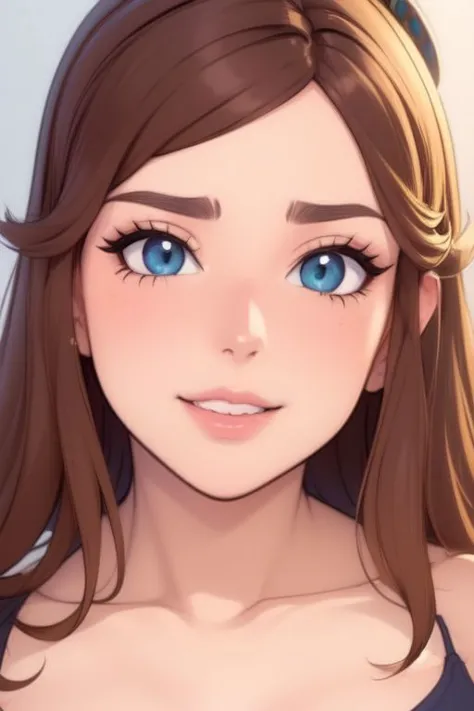 a woman with blue eyes and brown hair is looking at the camera