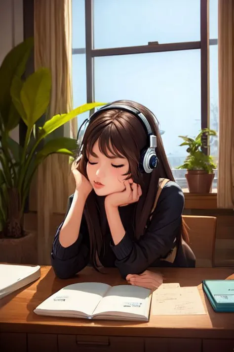 1girl, book, brown hair, closed eyes, day, desk, head rest, headphones, indoors, lips, long hair, nose, pen, pencil, phone, plan...