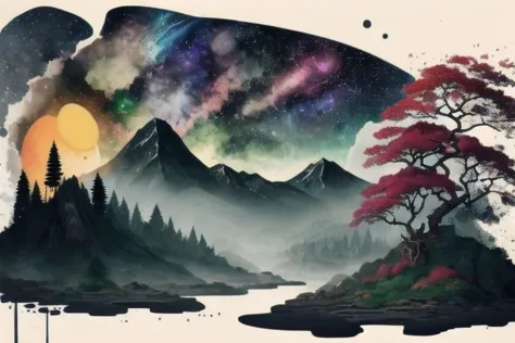 Mountain, dragon, stars, space
