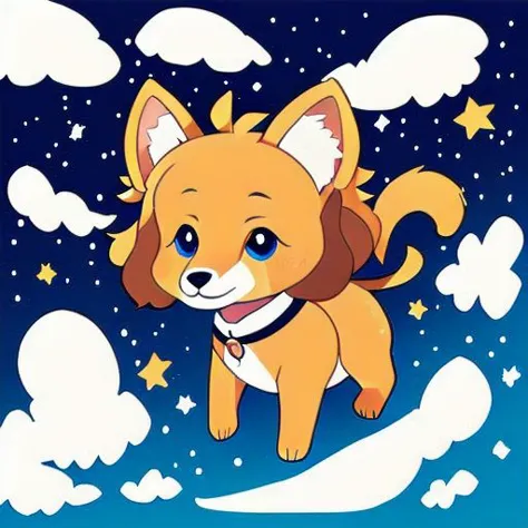 cartoon dog with collar flying in the sky with stars