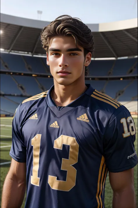 a close up of a man in a football uniform standing on a field