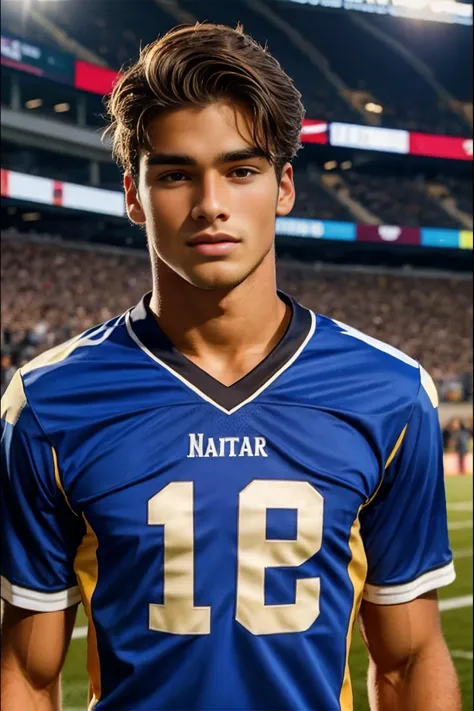 <lora:Ethan_GV:1>, 1boy, handsome, young, 18 years old, football jersey.