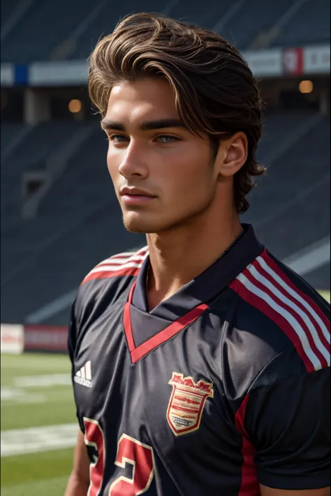 a close up of a man in a soccer uniform on a field