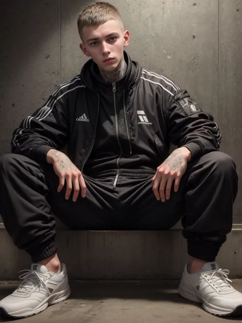 arafed man sitting on a ledge in a black track suit