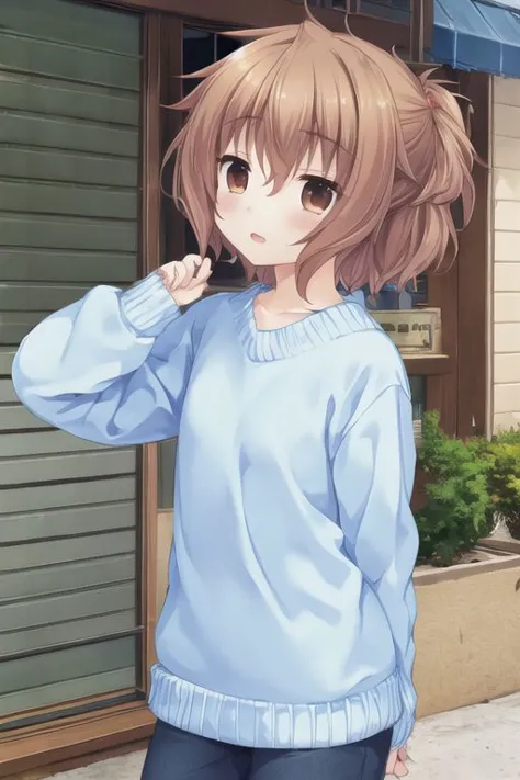 anime girl in blue sweater standing outside of a building