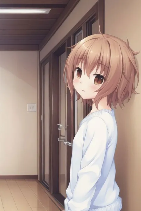 anime girl standing in a hallway with a door open