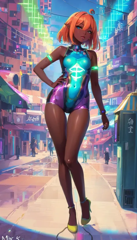 anime style, girl, wide hips, slim hourglass figure, narrow waist, 1girl, (colorful miko k-pop idol:1.3), (in a galactic, rusted European town:1.3), scenery, (full body:1.4), light ginger hair, hair bun,Flipped In Hair, , neon multicolor eyes, [:outlandish costume design:0.2], , small breasts, wide hips, perfect hourglass figure,skindentation, ((plugsuit:1.2):1.2), (dark skin:1.3)