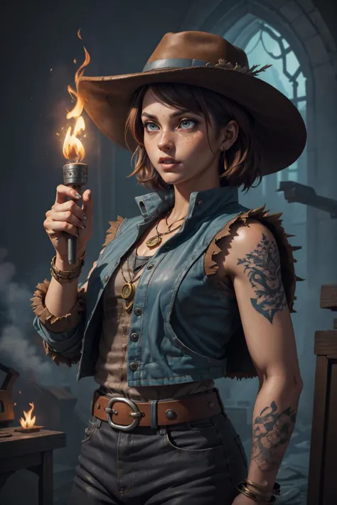 a woman in a cowboy hat holding a torch in her hand