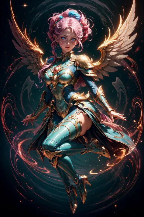 a woman with pink hair and wings in a blue outfit