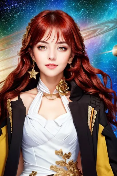 a woman with long red hair and a white top is posing in front of a space background