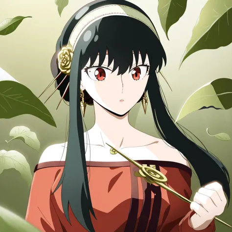 anime girl with long black hair and red eyes holding a stick