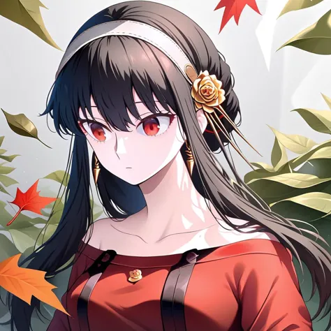 anime girl with long black hair and red eyes standing in front of leaves