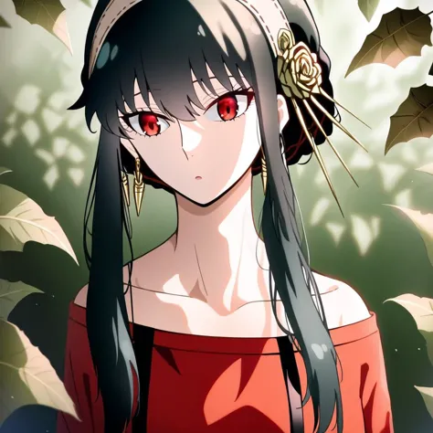 anime girl with long black hair and red eyes in a red dress