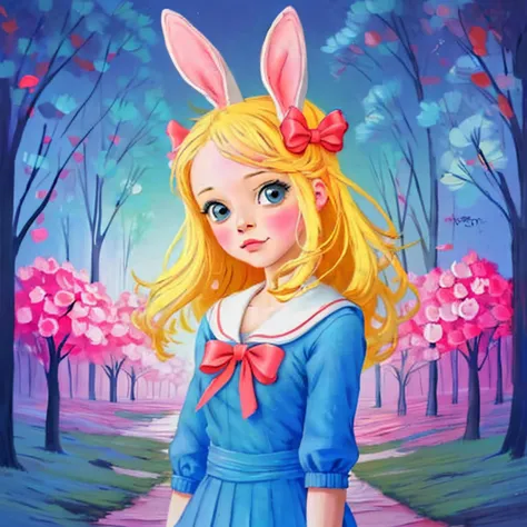 digital artwork, 1girl, anime kawaii, blonde school girl with bunny ears, celestial, cute, adorable, whimsical, contour, mysteri...
