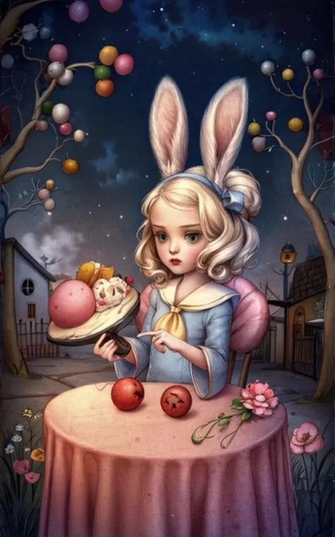 blonde school girl with bunny ears, celestial, cute, adorable, whimsical, contour, mysterious, Dark, Town of Salem 2, darkest du...
