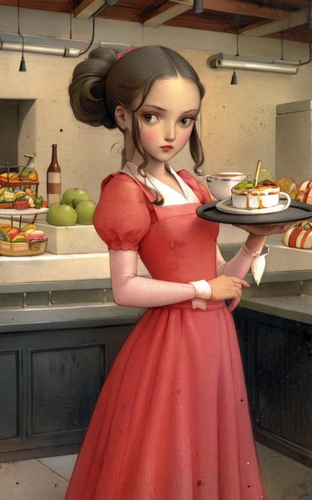 waitress holding a tray in a cafe 