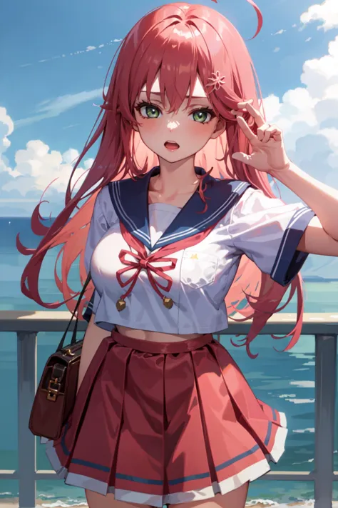 anime girl with pink hair and a sailor outfit standing on a balcony