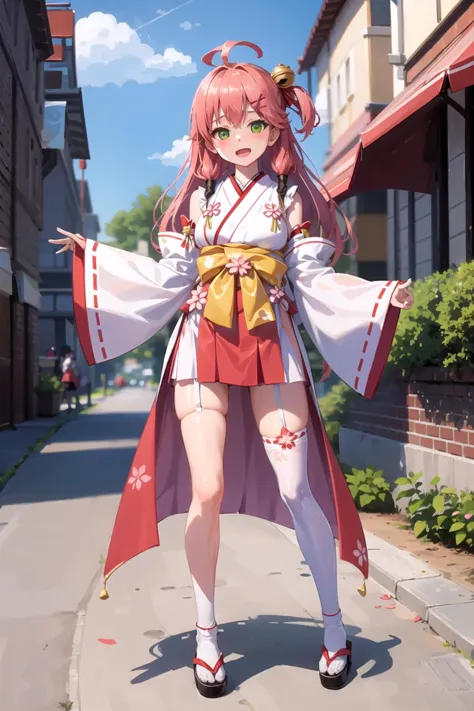 anime girl in a kimono outfit posing on a sidewalk