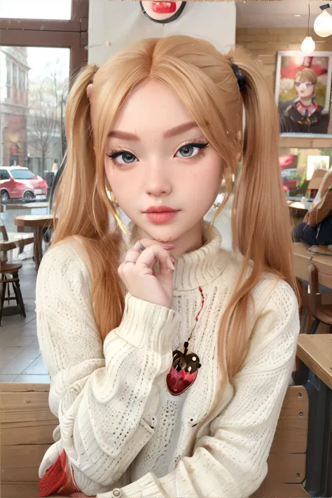 <lora:hairstyles-pigtail:0.5>, pigtail_hairstyle, beautiful woman wearing sweater, strawberry blonde hair, coffee shop interior ...