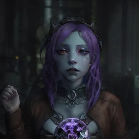 a woman with purple hair and purple hair holding a crystal ball