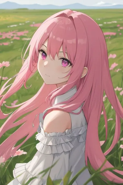 A highres masterpiece with best quality. The half-lenght portrait is vibrant with enhanced lighting and contrast. 1Girl Aishia has long pink hair and pink eyes. She wears a frilled and shoulder-free dress colored in white. The dress is layered and has a cleavage. She stands outdoor in a meadow and a sakura in the background.