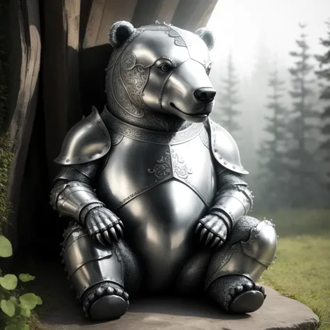 there is a statue of a bear in armor sitting on a rock